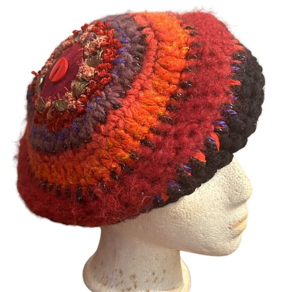 Handmade Vtg Wool Beret Colorful Hat Winter Toque Pink Bohemian Boho Multicolor - Picture 1 of 10